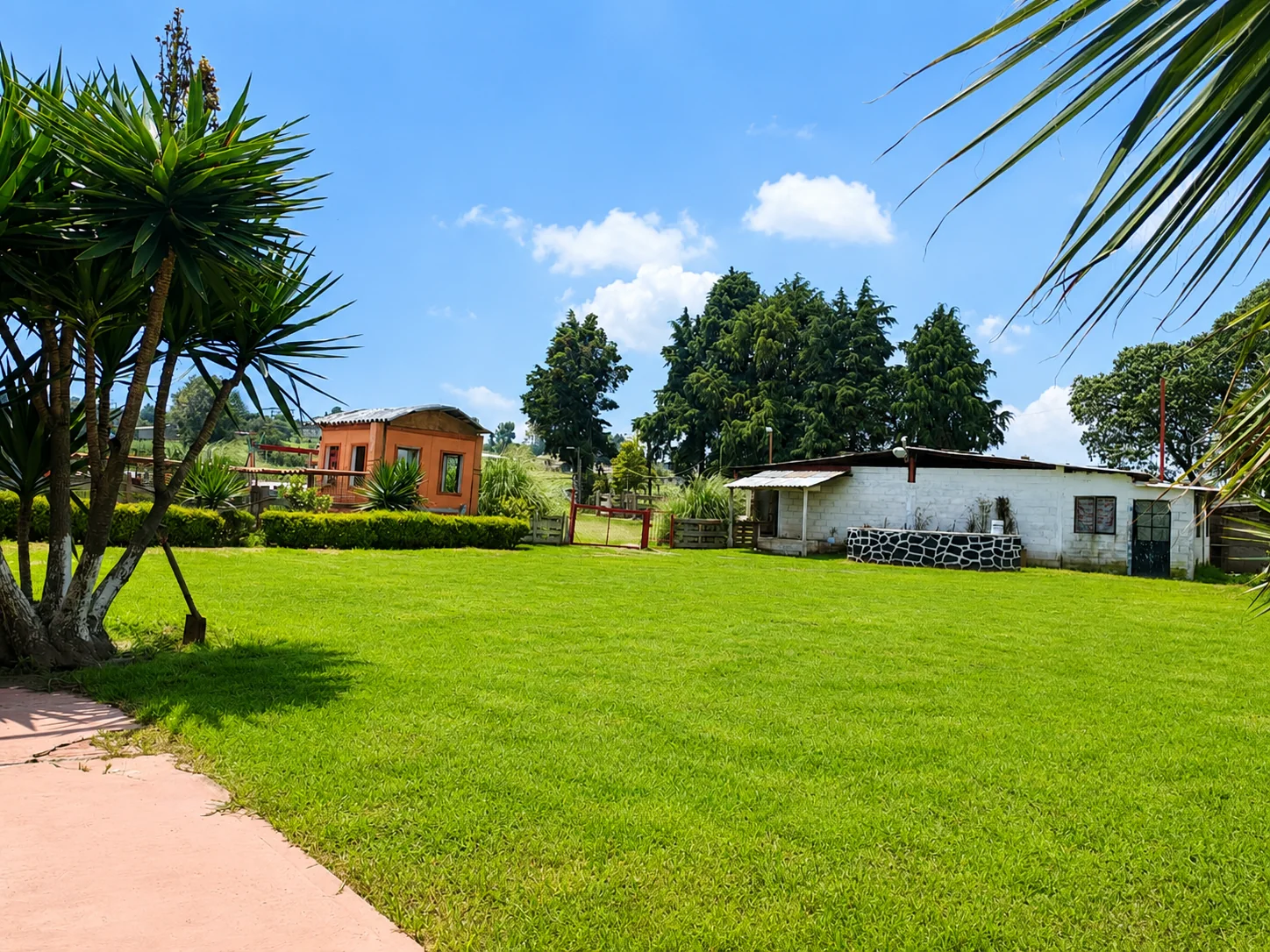 Vista amplia del jardín y áreas abiertas de la finca tipo rancho